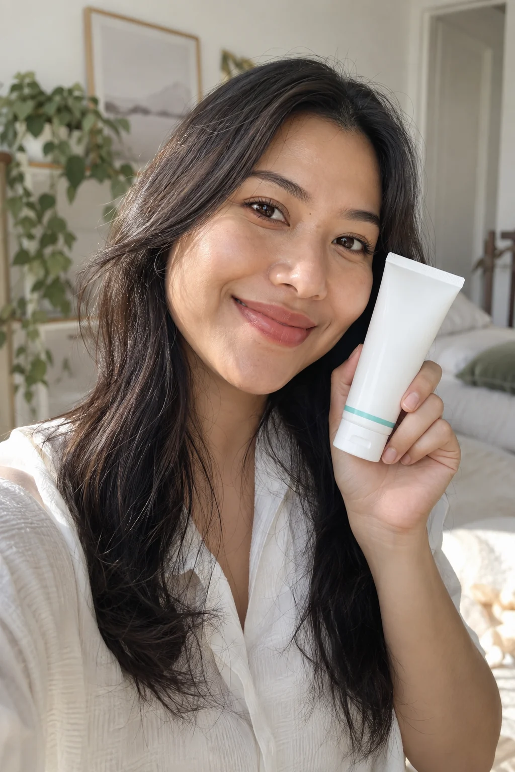 AI-generated creator holding a skincare product, sample concept